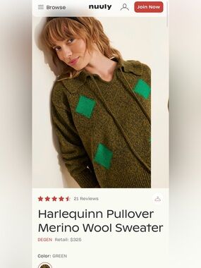 DEGEN Diamond Green Blue Merino Wool Ruffle Collar Sweater XS Harlequin